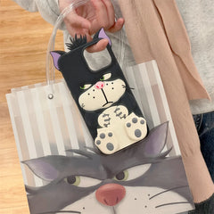 3D Lucifer Cat Stretching Feet Phone Case โ Cute Cartoon Soft Silicone Cover with Bracket for iPhone