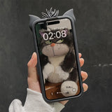 3D Lucifer Cat Stretching Feet Phone Case โ Cute Cartoon Soft Silicone Cover with Bracket for iPhone