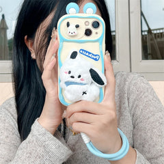 Cute Hello Kitty & Pochacco Plush Doll 3D Case โ Soft Silicone Push-Pull Camera Cover for iPhone