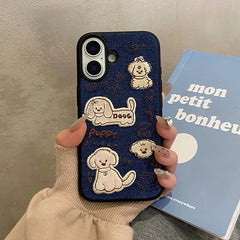 Embroidered Dog Denim Fabric Phone Case