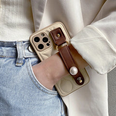 Leather Pearl Wrist Strap Phone Case