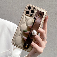 Leather Pearl Wrist Strap Phone Case