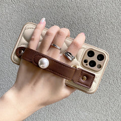Leather Pearl Wrist Strap Phone Case