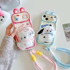 Cute Hello Kitty & Pochacco Plush Doll 3D Case โ Soft Silicone Push-Pull Camera Cover for iPhone