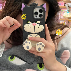 3D Lucifer Cat Stretching Feet Phone Case โ Cute Cartoon Soft Silicone Cover with Bracket for iPhone