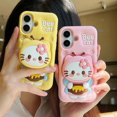 Cute 3D Hello Kitty Bee Case with Grip Tok โ Soft Silicone Cartoon Cover for iPhone