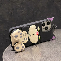 3D Lucifer Cat Stretching Feet Phone Case โ Cute Cartoon Soft Silicone Cover with Bracket for iPhone