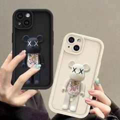 3D Bear Holder Matte Case For iPhone Soft Shockproof Stand Cover