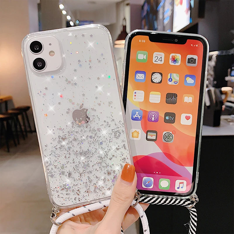 Clear Glitter Phone Case with Lanyard Strap