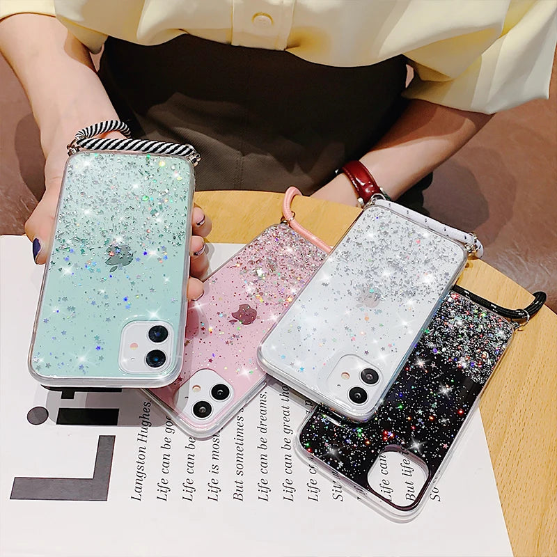 Clear Glitter Phone Case with Lanyard Strap