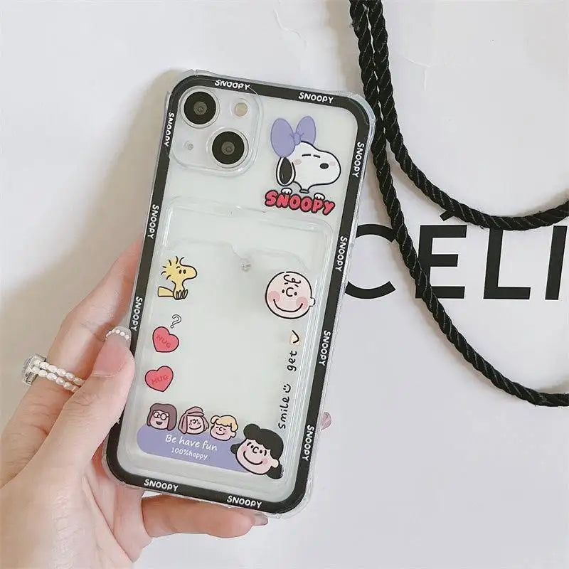 Cute Cartoon Snoopy Clear Soft Case with Card Holder For iPhone  Mini & Plus Series