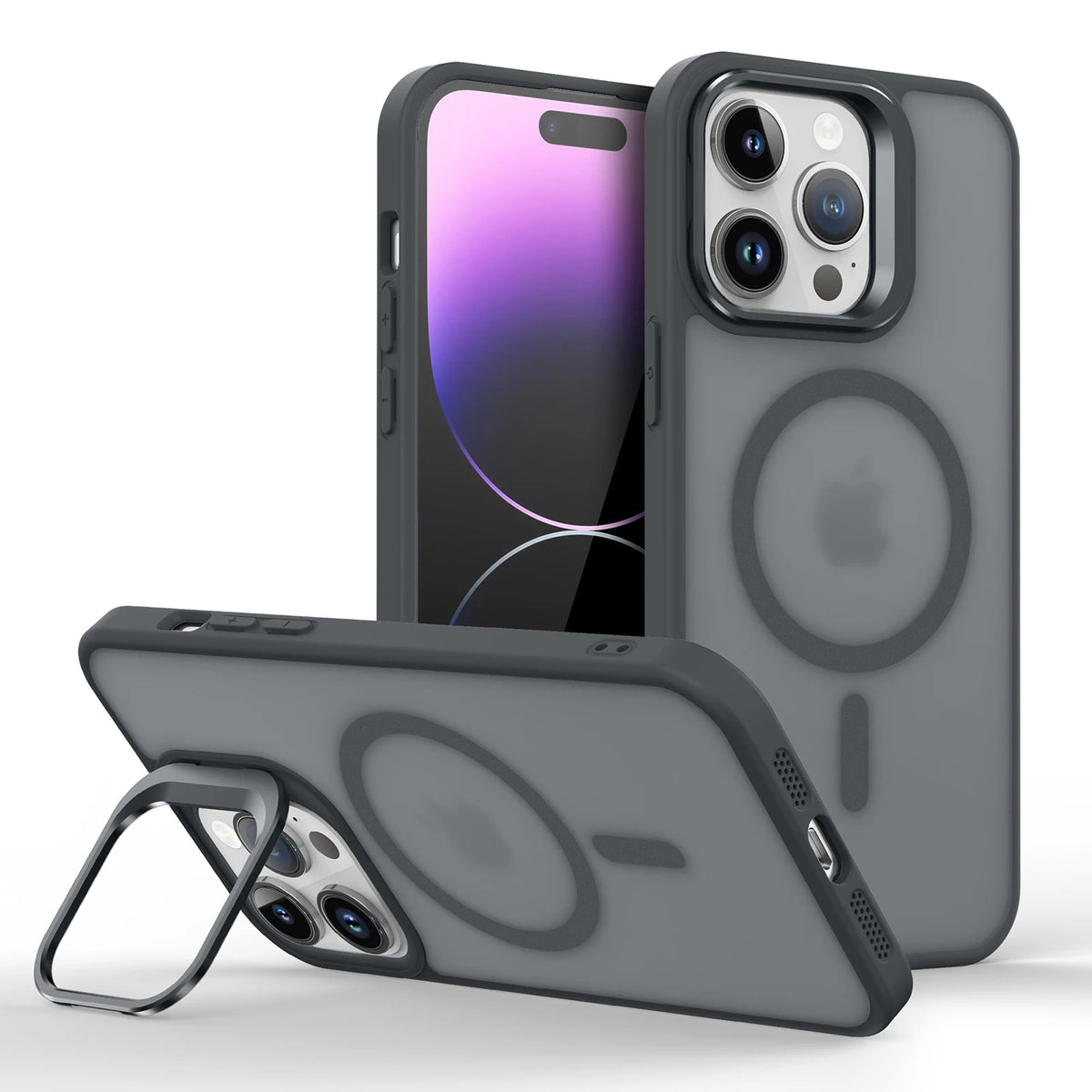 Magnetic Magsafe Case with Metal Lens Stand for iPhone – Matte Shockproof Wireless Charging