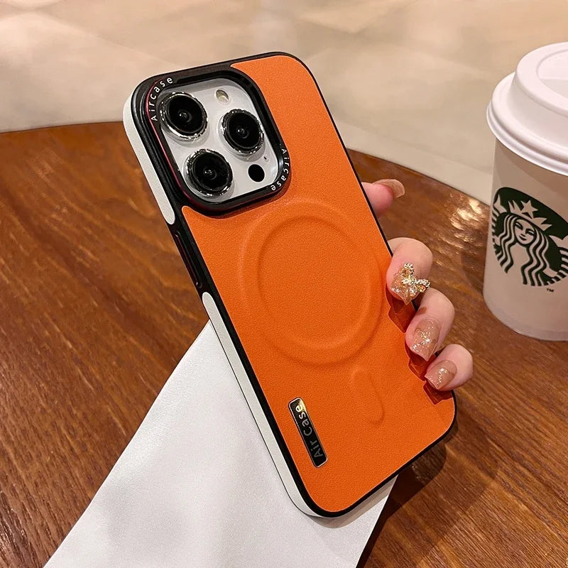 Business Leather MagSafe Case – Dual-Color Magnetic Shockproof Cover for iPhone