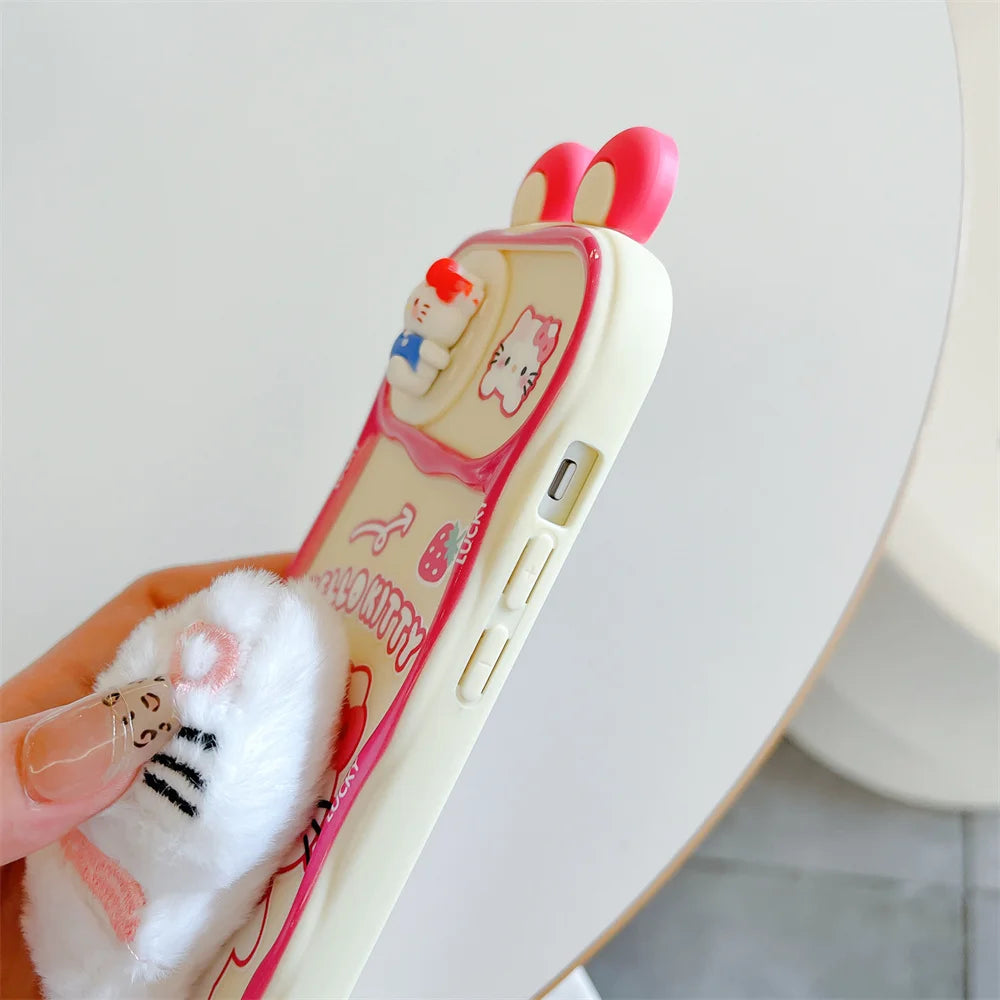 Cute Hello Kitty & Pochacco Plush Doll 3D Case – Soft Silicone Push-Pull Camera Cover for iPhone
