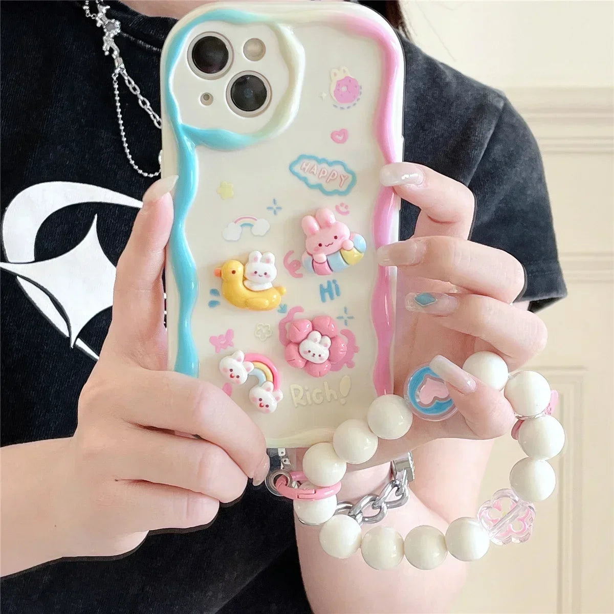 3D Bear Chain Lanyard Clear Case For iPhone  Korean Soft Transparent Cute
