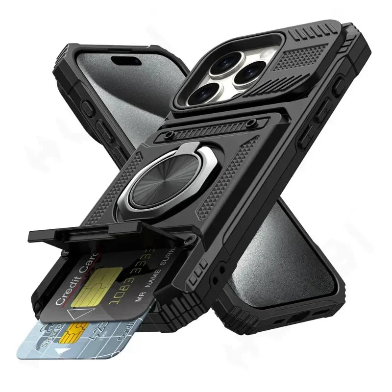 Shockproof iPhone Case with 360° Rotating Kickstand & Card Holder