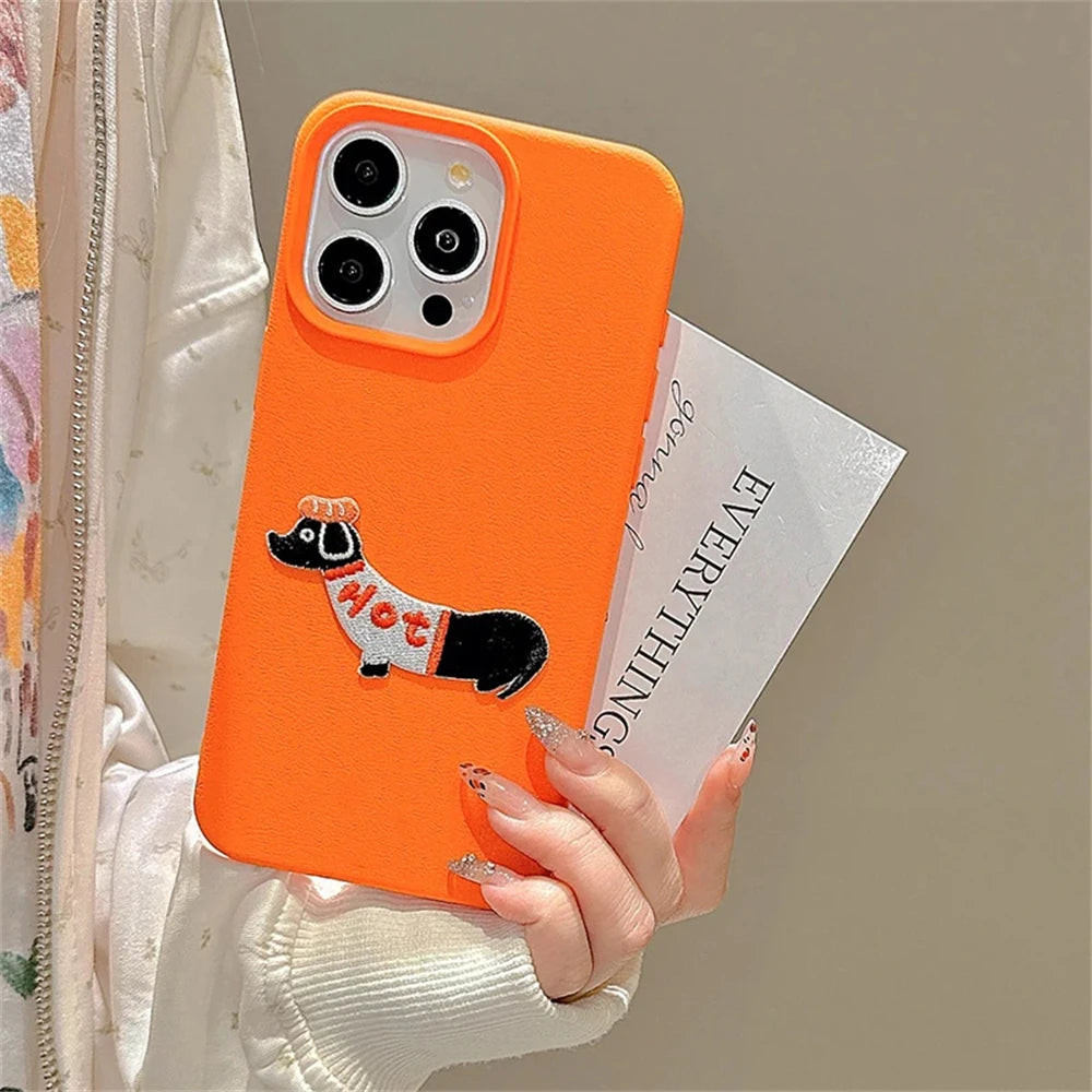 Embroidered Puppy Leather Case for iPhone