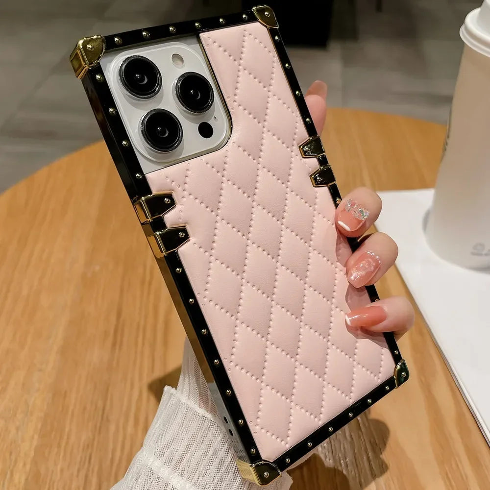 Luxury Plaid Lambskin Leather Shockproof Phone Case for iPhone