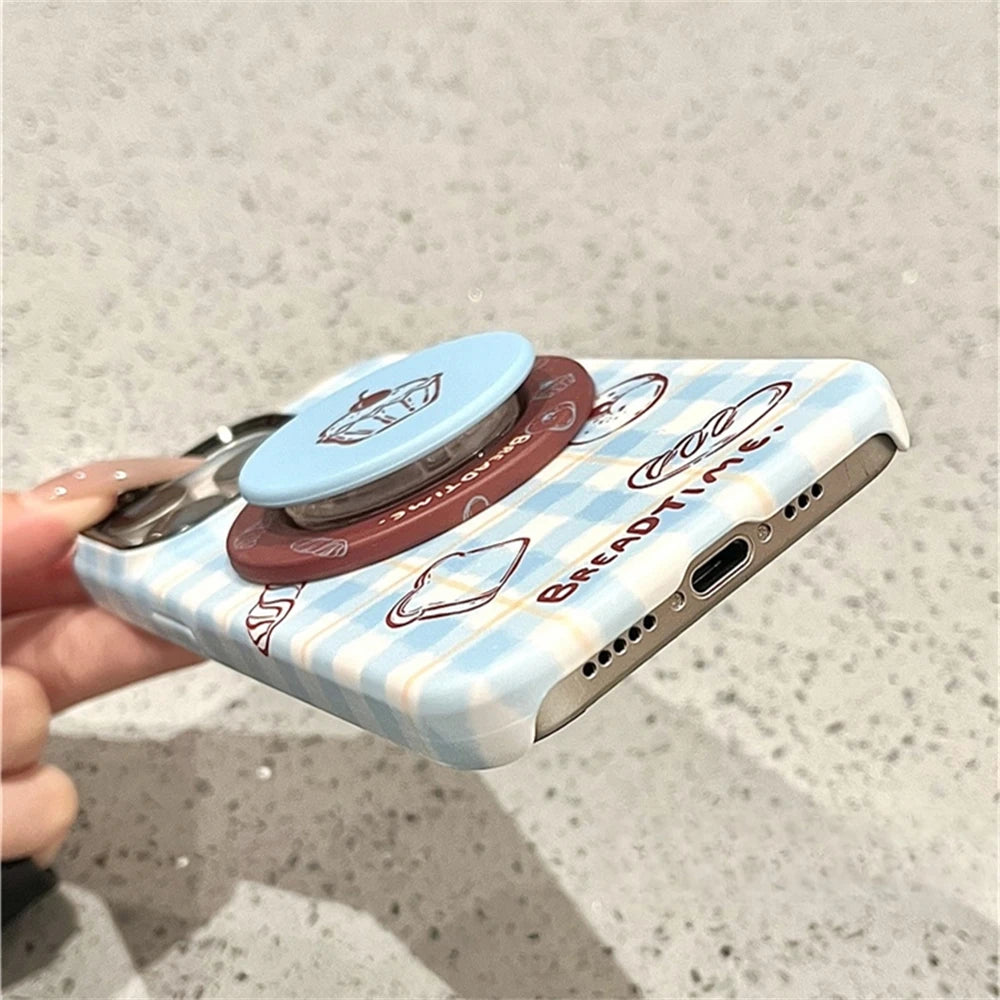 Cute Plaid Bread Bagel Phone Case with Grip for iPhone