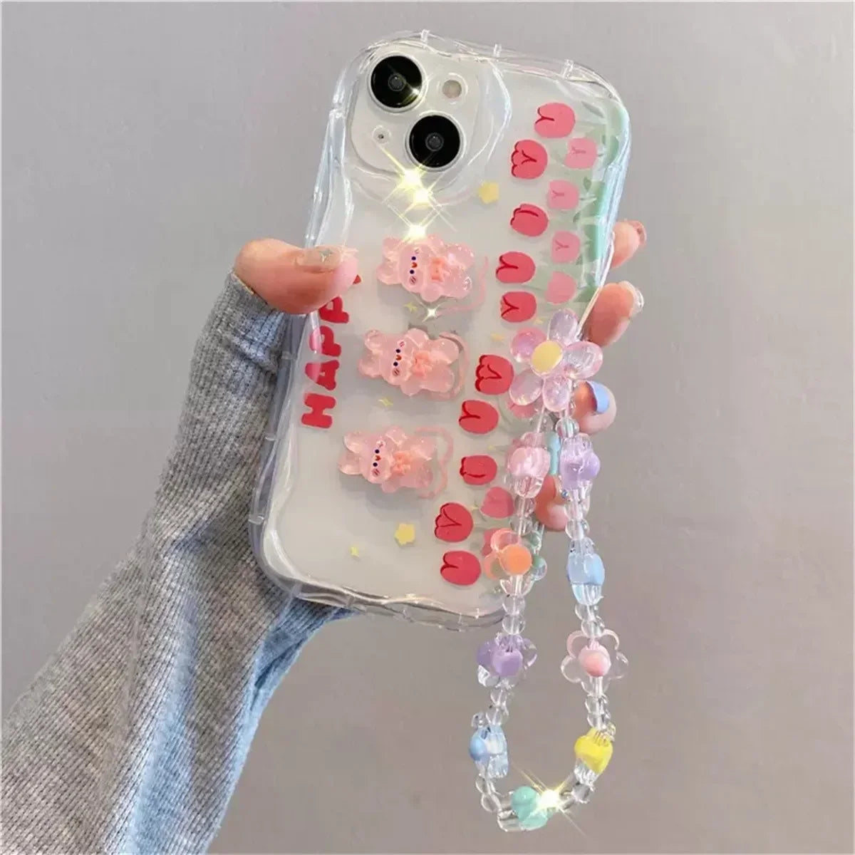 3D Bear Chain Lanyard Clear Case For iPhone  Korean Soft Transparent Cute