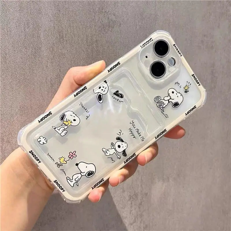 Cute Cartoon Snoopy Clear Soft Case with Card Holder For iPhone  Mini & Plus Series