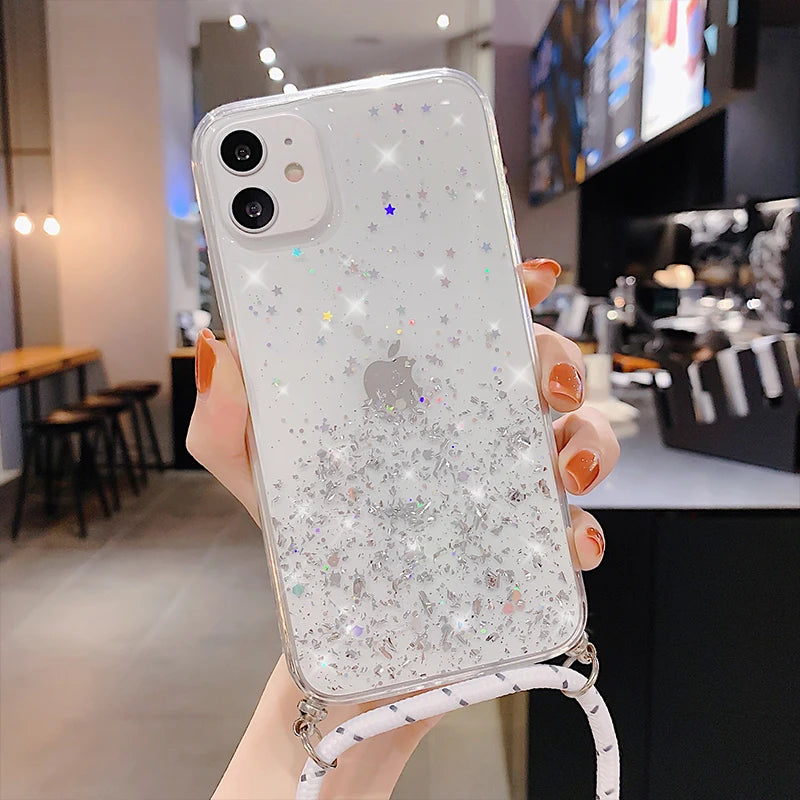 Clear Glitter Phone Case with Lanyard Strap