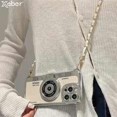 Luxury 3D Camera Plating Phone Case with Crossbody Chain  For iPhone