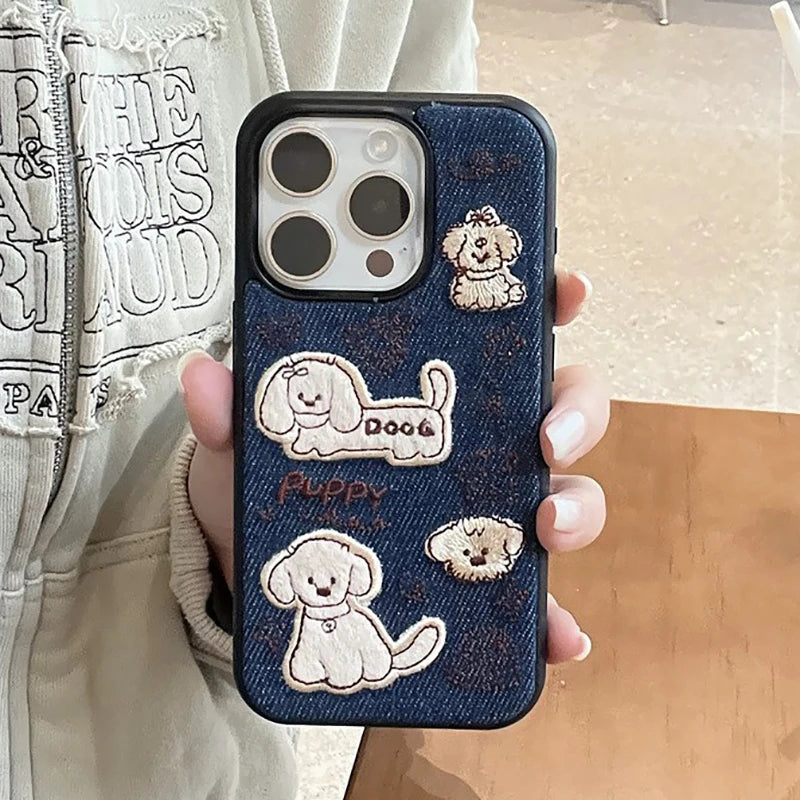 Embroidered Dog Denim Fabric Phone Case