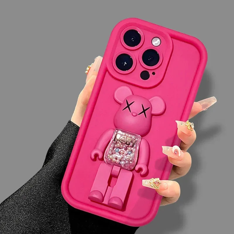 3D Bear Holder Matte Case For iPhone Soft Shockproof Stand Cover