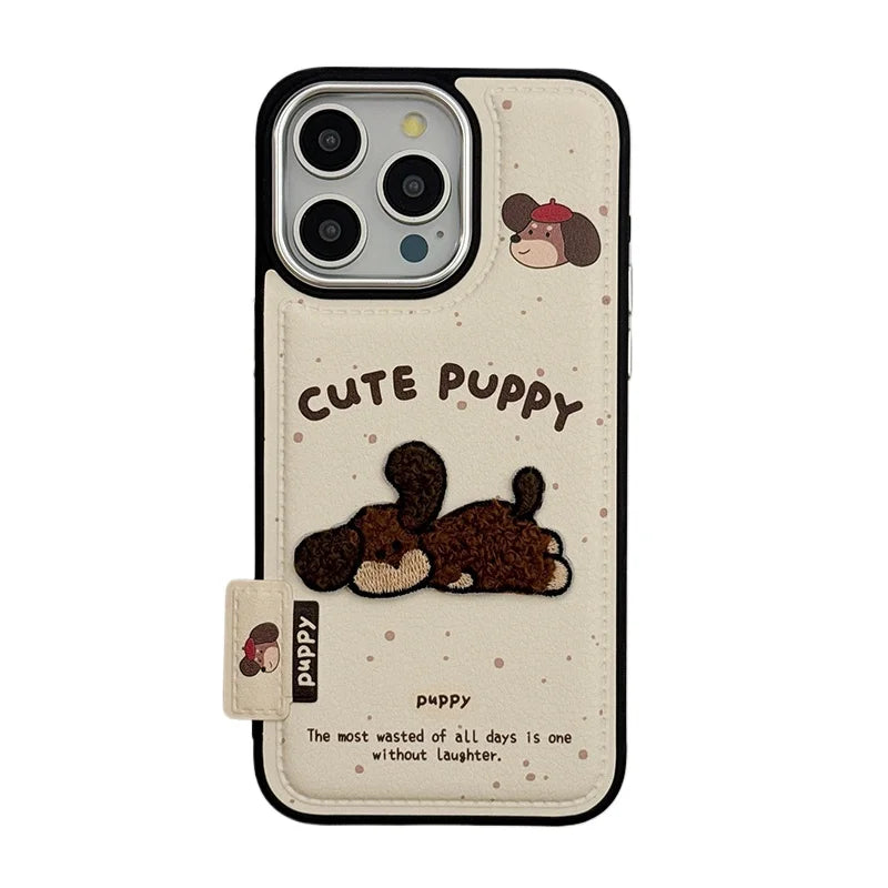 Embroidered Puppy Leather-Texture Phone Case