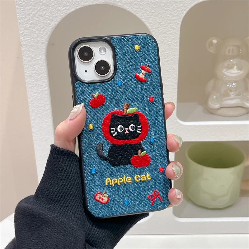 Cartoon Cat Embroidery Warm Phone Case