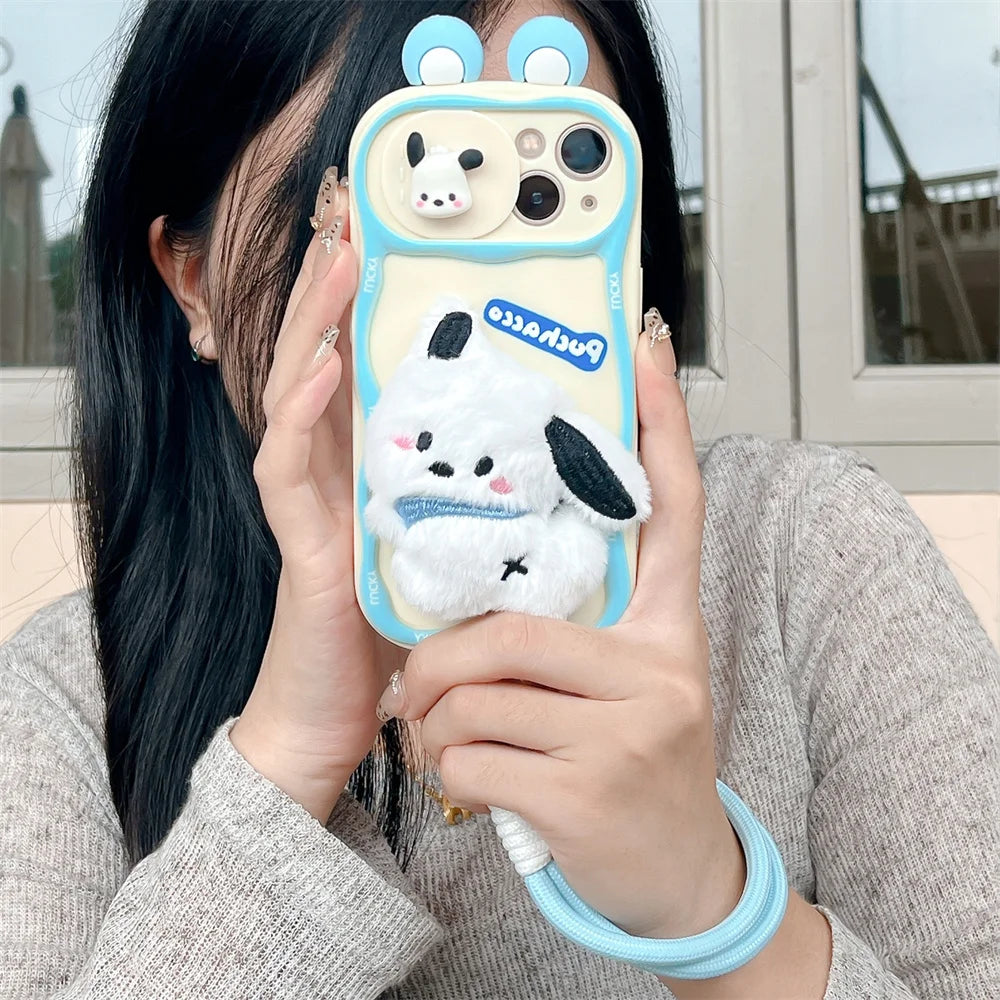 Cute Hello Kitty & Pochacco Plush Doll 3D Case – Soft Silicone Push-Pull Camera Cover for iPhone