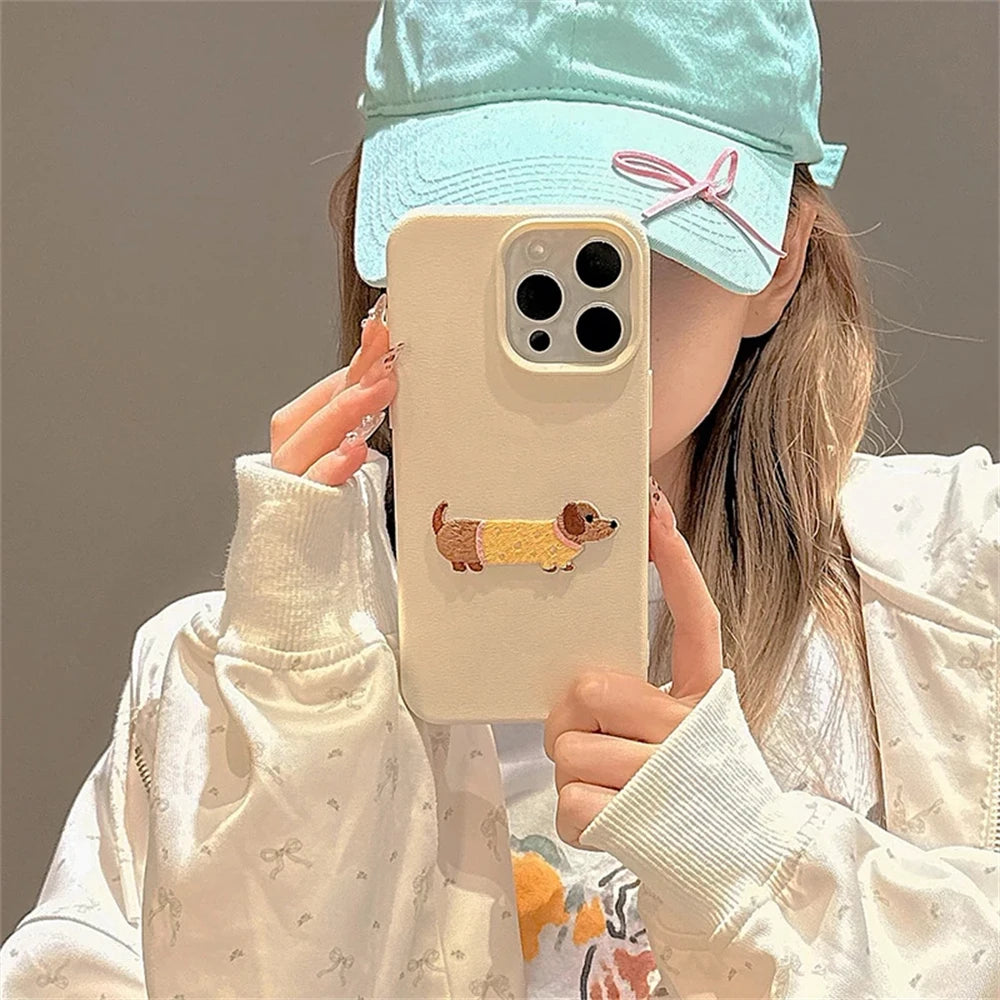 Embroidered Puppy Leather Case for iPhone