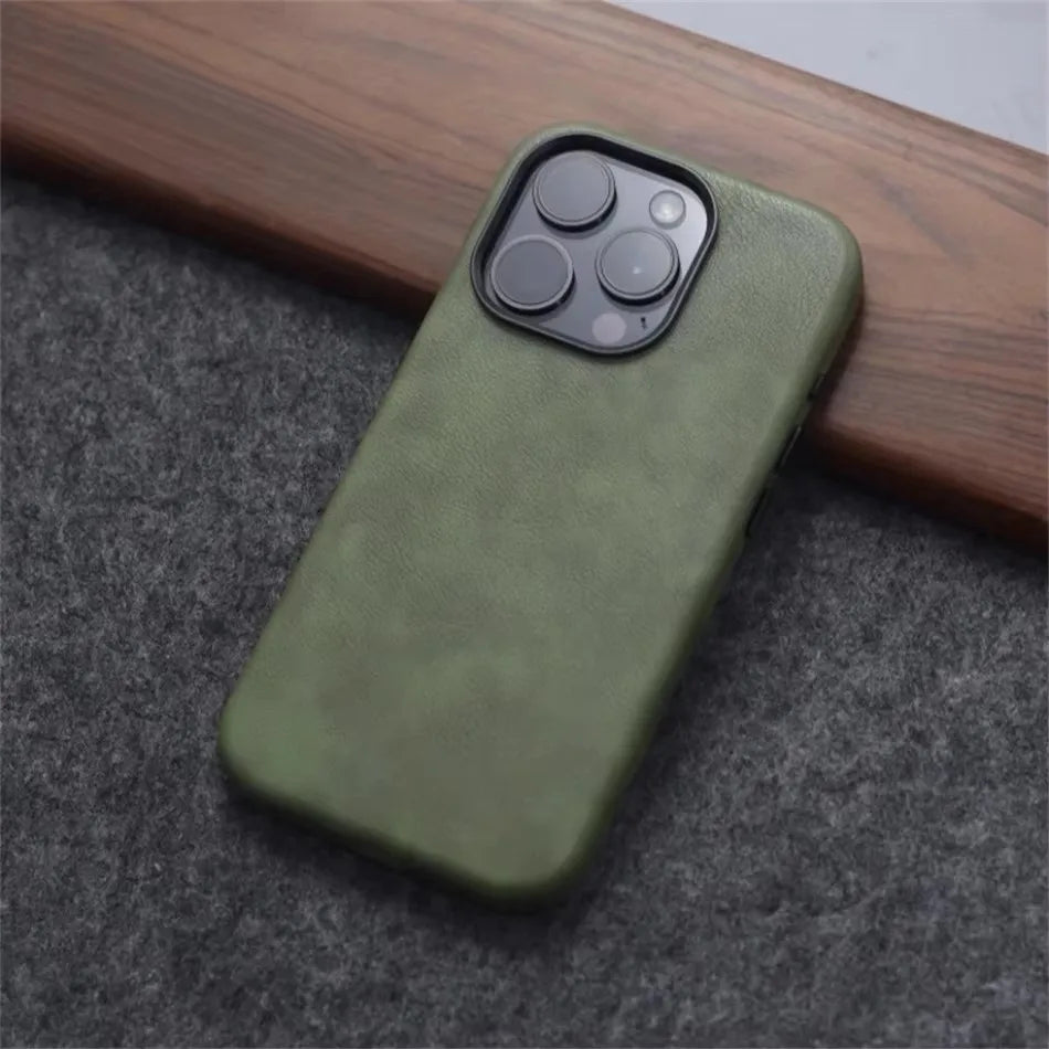 Retro Crazy Horse Leather MagSafe Phone Case for iPhone