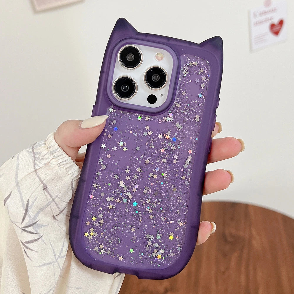 Cute Cat Ear Glitter Clear Silicone Case for iPhone – Shockproof Bling Back Cover