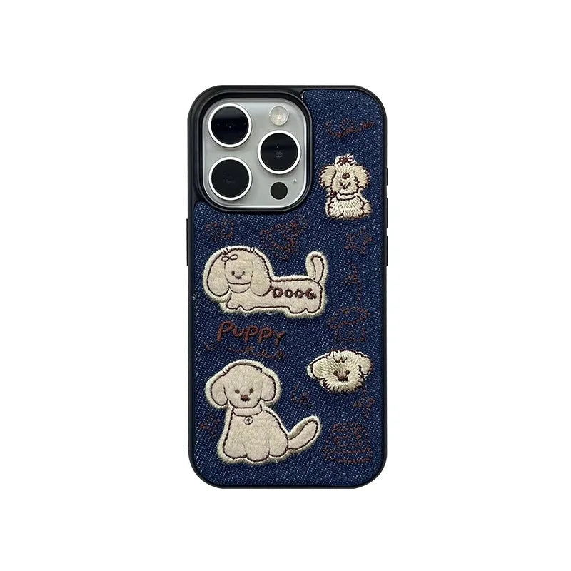 Embroidered Dog Denim Fabric Phone Case