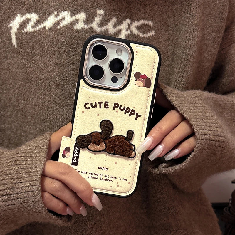 Embroidered Puppy Leather-Texture Phone Case