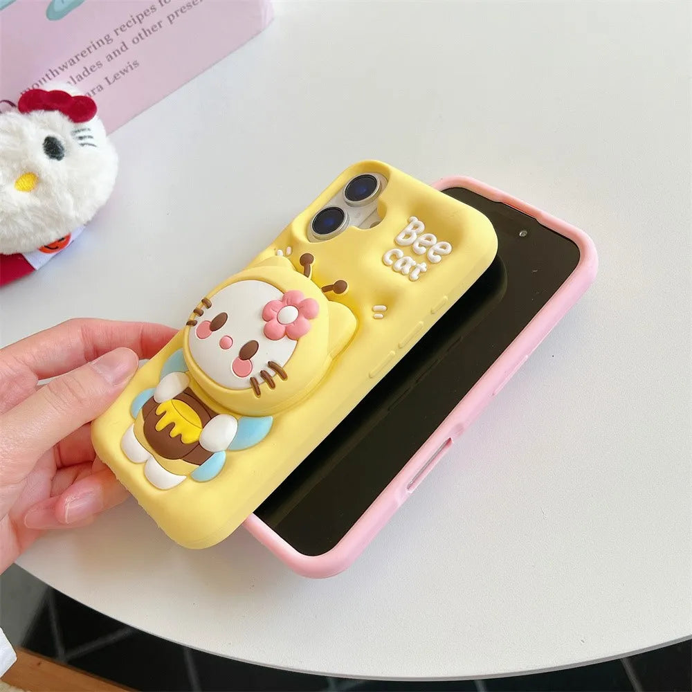 Cute 3D Hello Kitty Bee Case with Grip Tok – Soft Silicone Cartoon Cover for iPhone