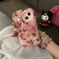 Leopard Print Hello Kitty Plush Case for iPhone