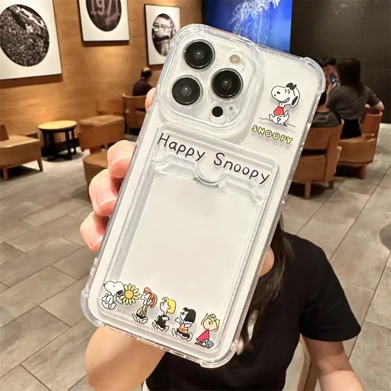 Cute Cartoon Snoopy Clear Soft Case with Card Holder For iPhone  Mini & Plus Series