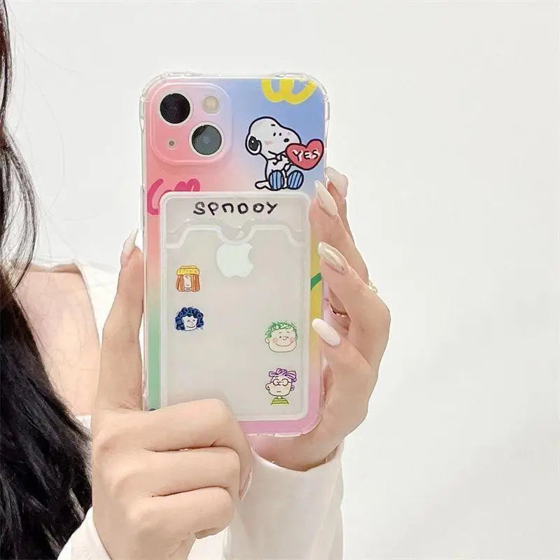 Cute Cartoon Snoopy Clear Soft Case with Card Holder For iPhone  Mini & Plus Series