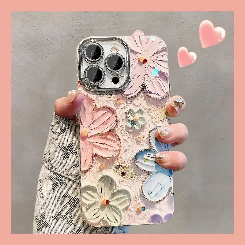 Glitter Laser Floral Phone Case with Diamond Lens Protection