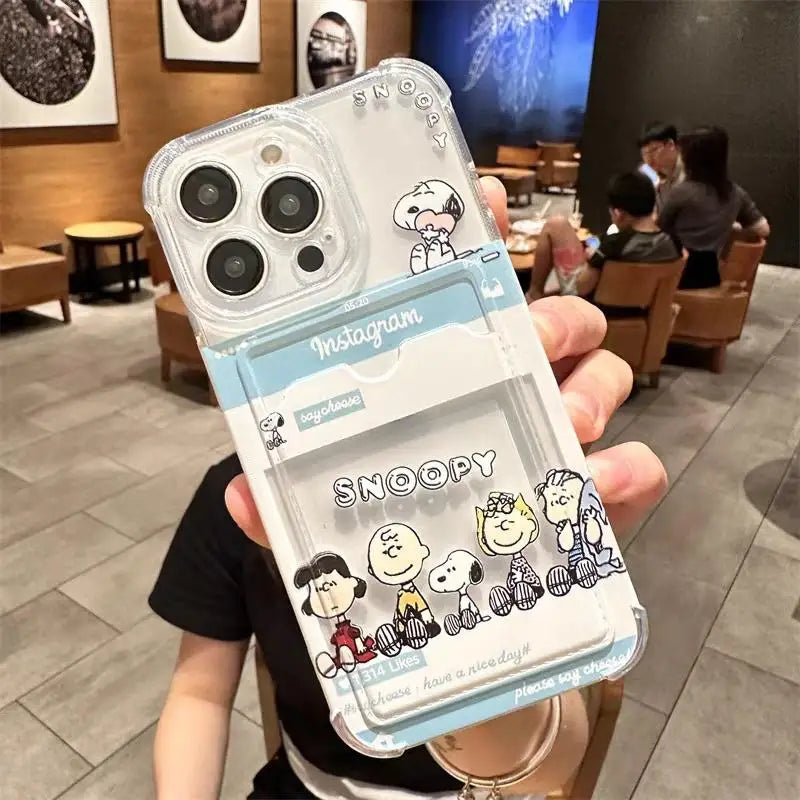 Cute Cartoon Snoopy Clear Soft Case with Card Holder For iPhone  Mini & Plus Series