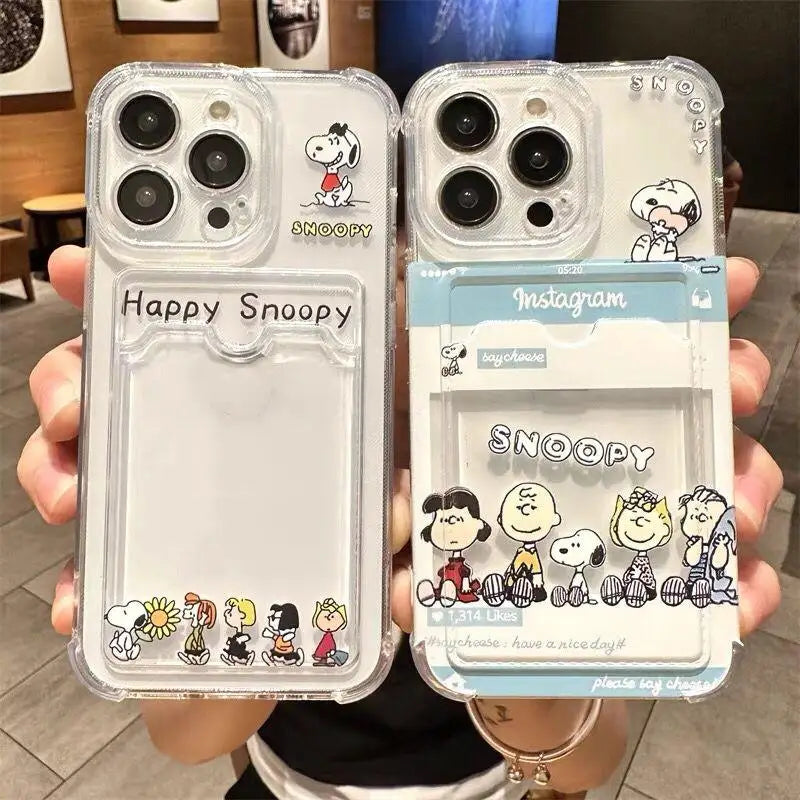 Cute Cartoon Snoopy Clear Soft Case with Card Holder For iPhone  Mini & Plus Series