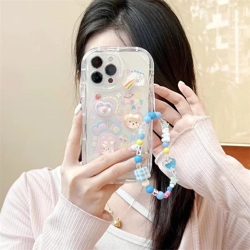 3D Bear Chain Lanyard Clear Case For iPhone  Korean Soft Transparent Cute