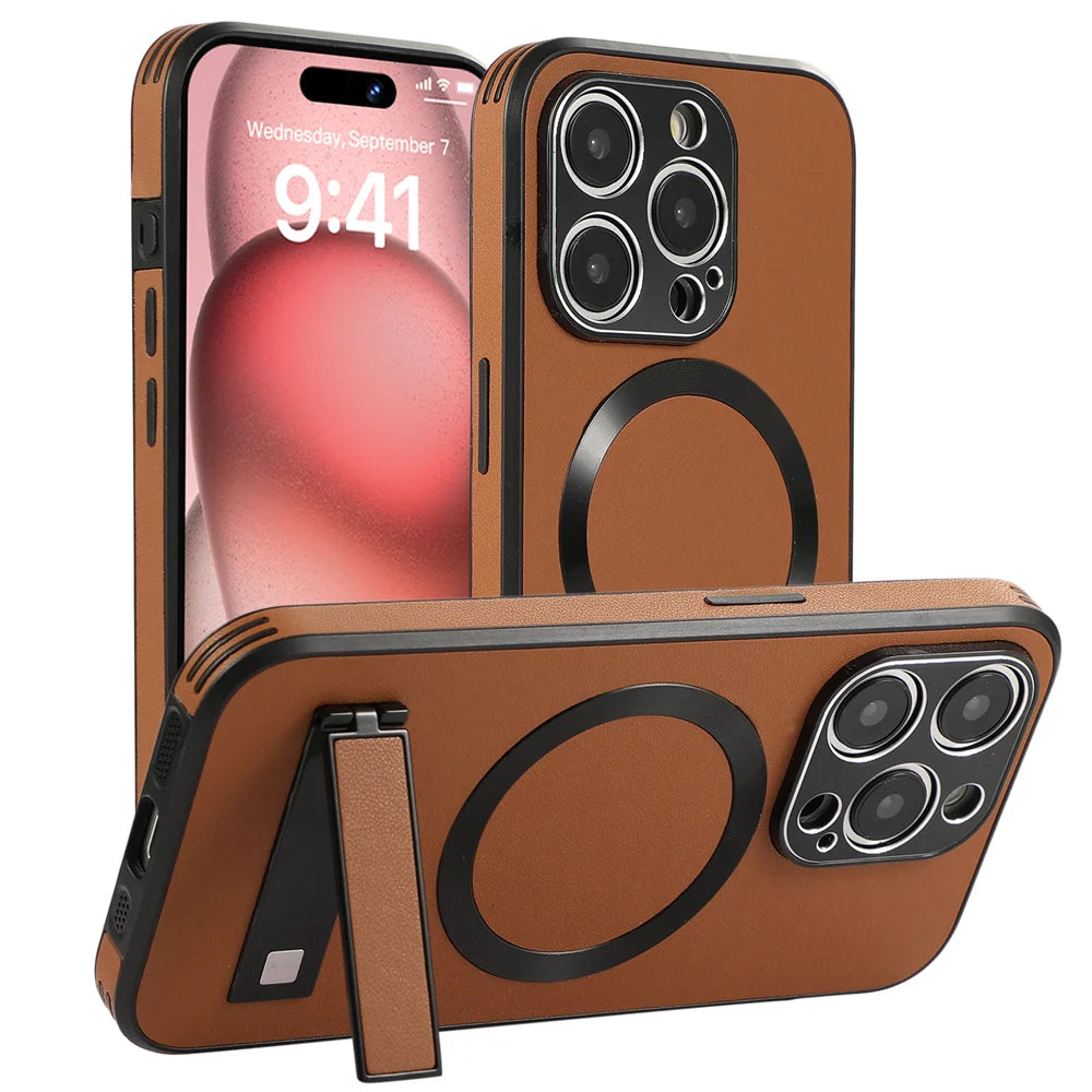 Magnetic Leather iPhone Case with Stan