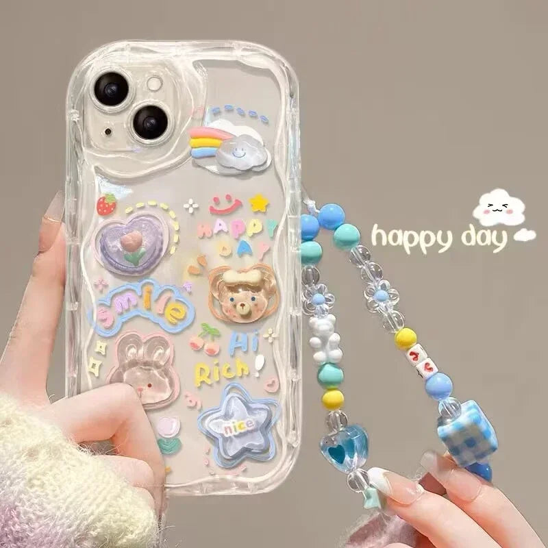 3D Bear Chain Lanyard Clear Case For iPhone  Korean Soft Transparent Cute