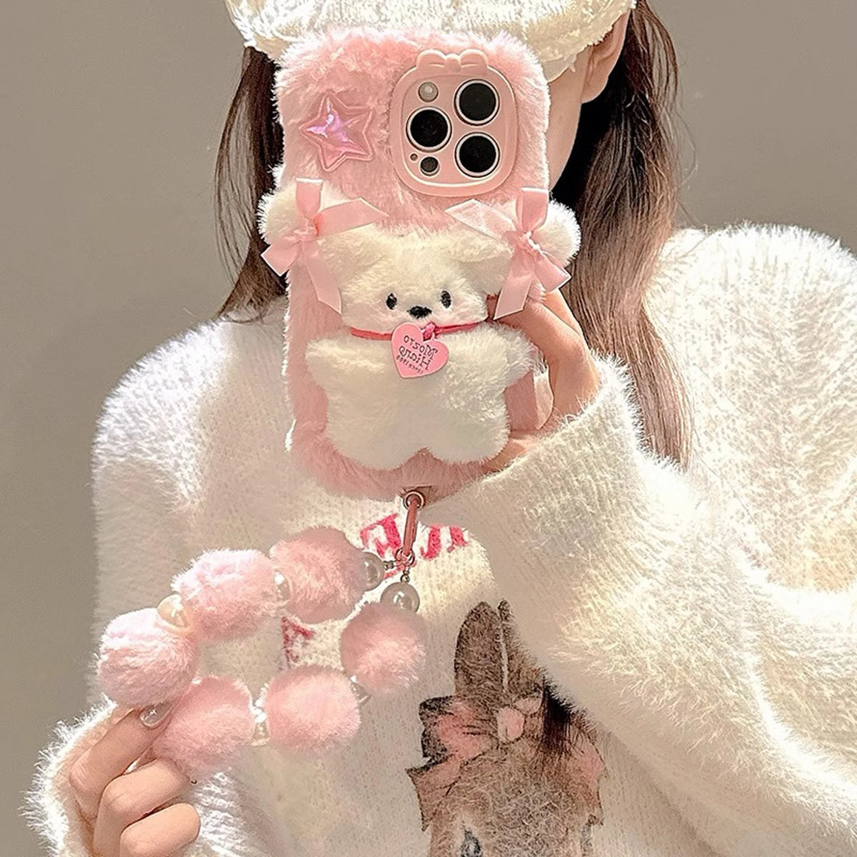 Pink Plush 3D Doll Case with Chain for iPhone