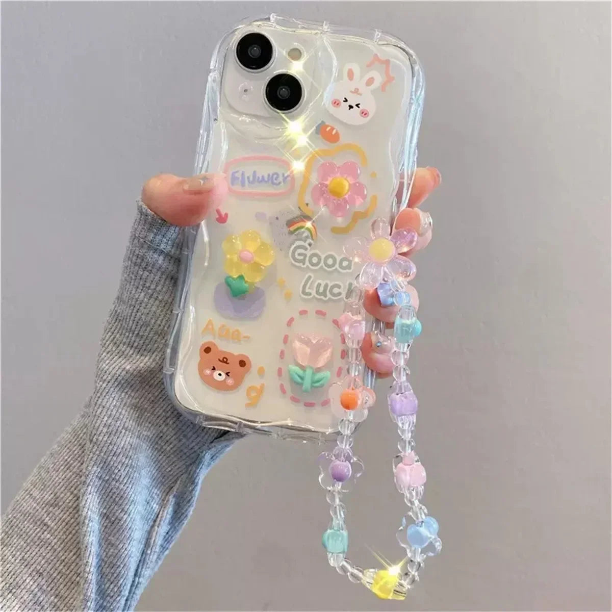 3D Bear Chain Lanyard Clear Case For iPhone  Korean Soft Transparent Cute
