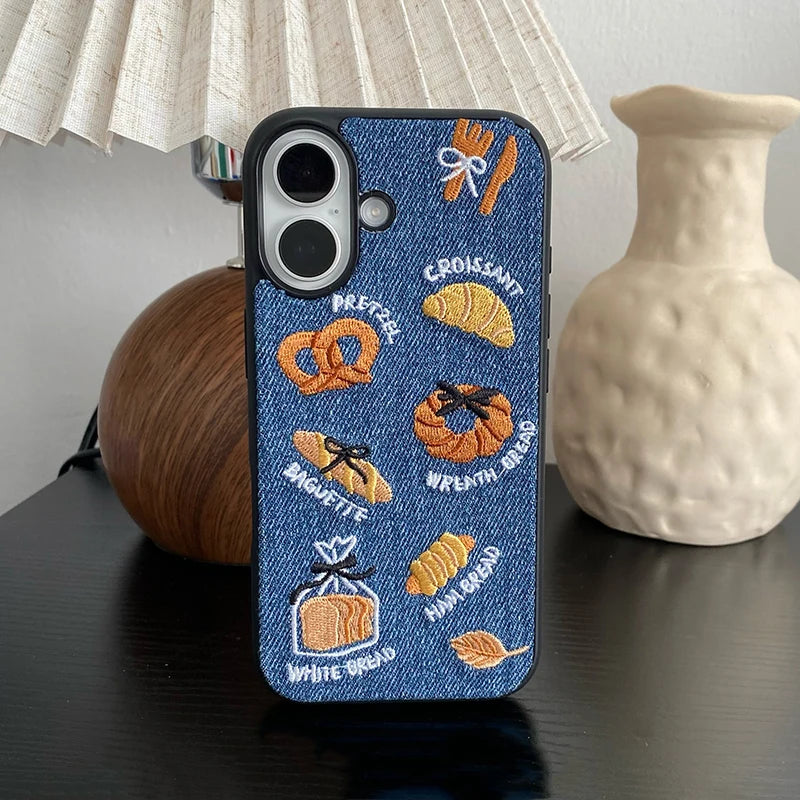 Embroidered Bread Toast Denim Phone Case